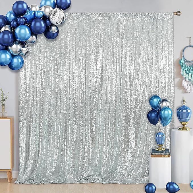 SquarePie Sequin Backdrop 6FT x 8FT Silver Curtain Background by SquarePie