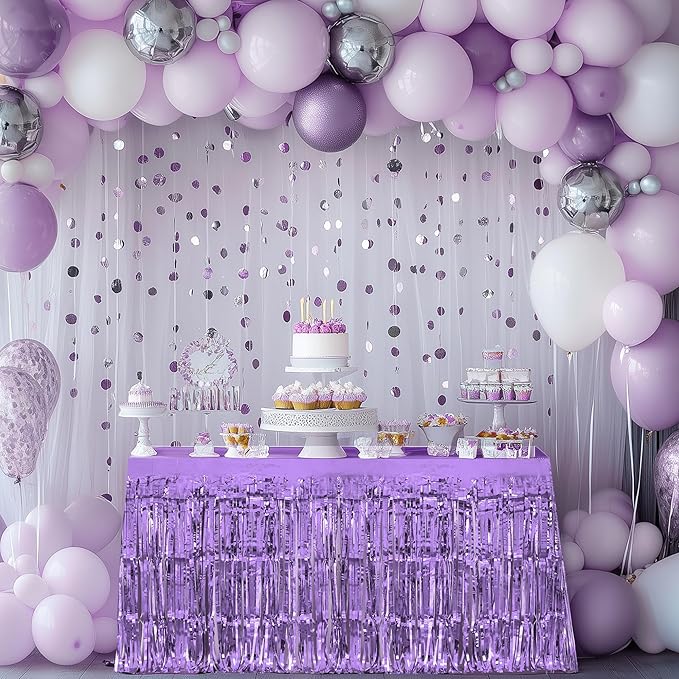 2 Pack Light Purple Table Skirts, 29x108" Metallic Foil Tinsel Fringe Table - Image 2