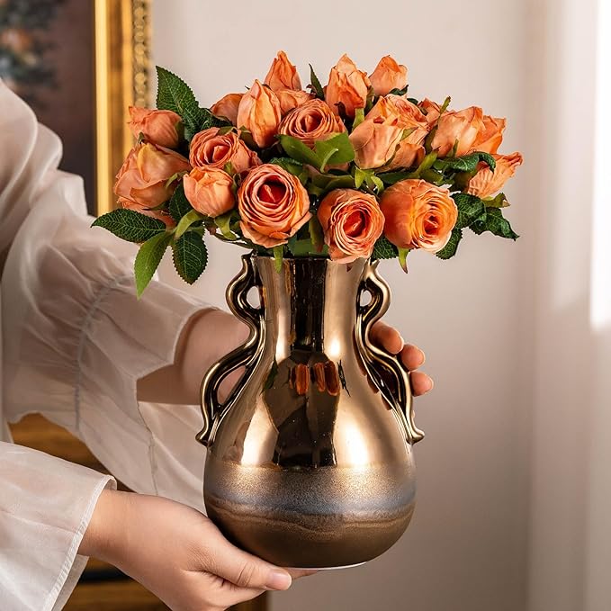 Gold Ceramic Vase with Handles, Modern Amber Brown Tall Centerpiece Floral - Image 3