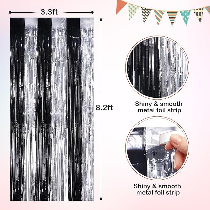 Black Silver Metallic Tinsel Foil Fringe Curtains, 4 Pack 3.3x8.3 Feet Party - Image 2