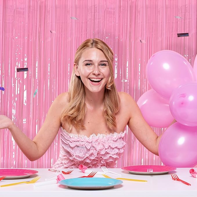 2 Pack Foil Curtain Pink Backdrop Streamers Metallic Tinsel Fringe Curtains - Image 5