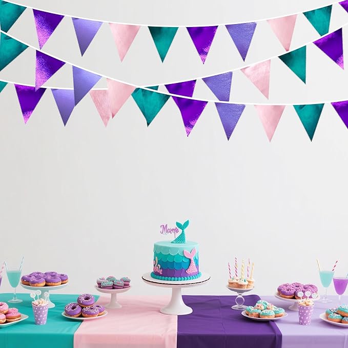 Mermaid Party Decorations Purple Pink and Teal Aqua Metallic Fabric Triangle - Image 5