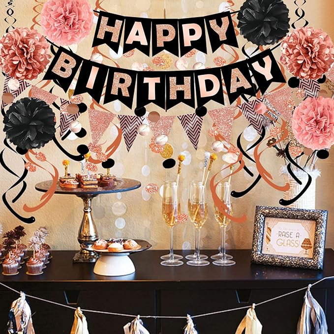 FECEDY Rose Gold Theme Happy Birthday Banner Flag Bunting Paper Circle Confetti - Image 6