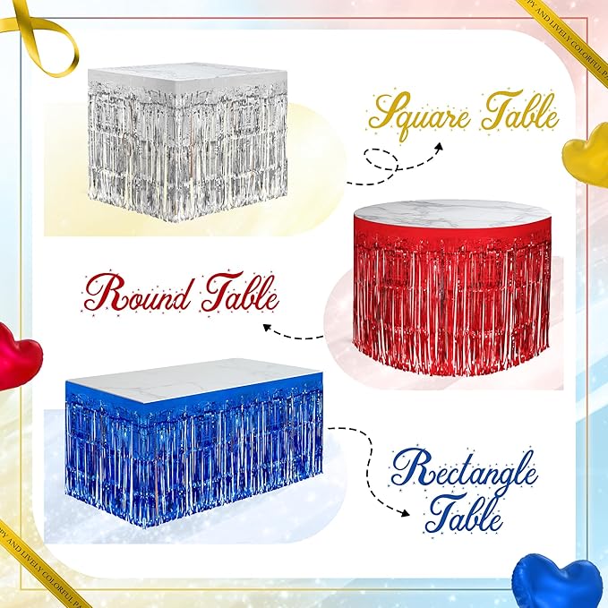3 Pack Red Dark Blue Silver Table Skirts, 29x108" Metallic Foil Tinsel Fringe - Image 4