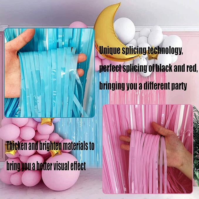 4 Pack Macaron Pink Blue Foil Fringe Curtain Backdrop, 3.28Ft x 8.2Ft Metallic - Image 3