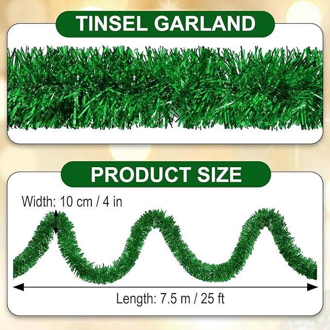 25 Feet Green Christmas Tinsel Garland, Metallic Foil Twist Garland Wall - Image 2