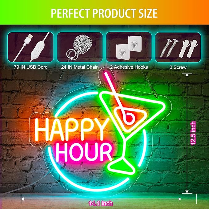 Happy Hour Neon Sign Dimmable Led Happy Hour Neon Bar Signs - Image 2