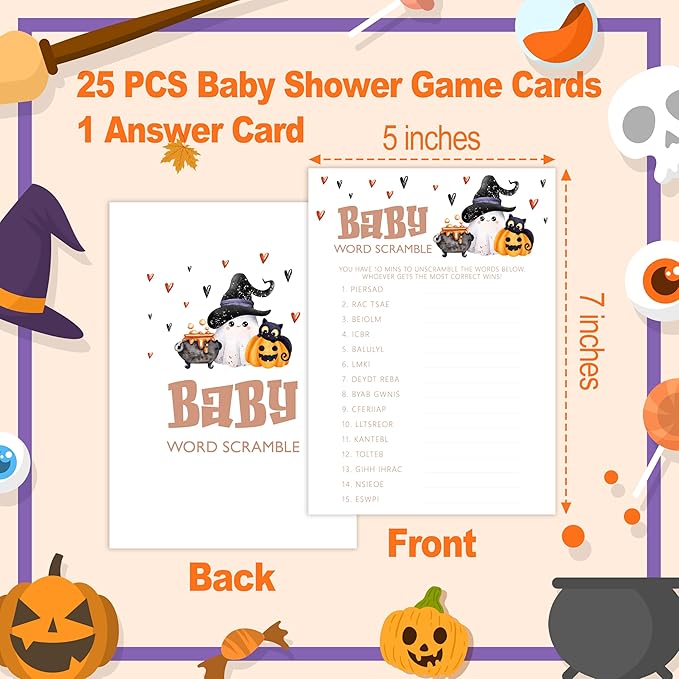 Baby Shower Games, Halloween Baby Word Scramble, 25 Double-Sided Game Cards + 1 - Image 2