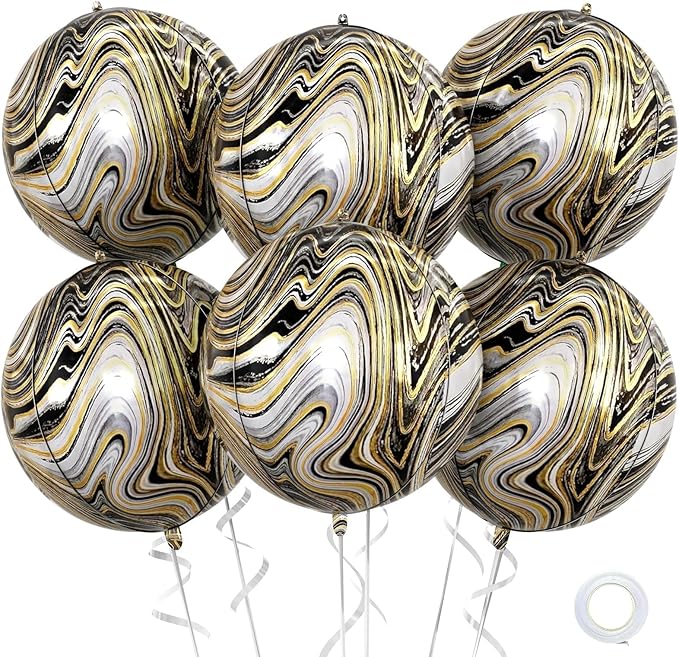 6 Pcs Black Gold and White Balloons, Saxuxu Black and Gold Balloons, 22 Inch by Saxuxu