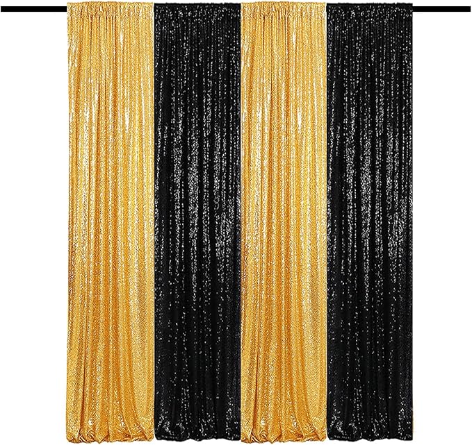 Black Gold Sequin Backdrop Curtain 4 Panels 2FTx8FT Glitter Background Drapes by TCBESTO