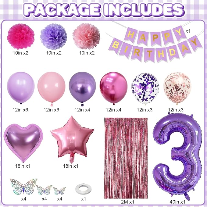 Pink Purple 3rd Birthday Party Decorations - Image 3