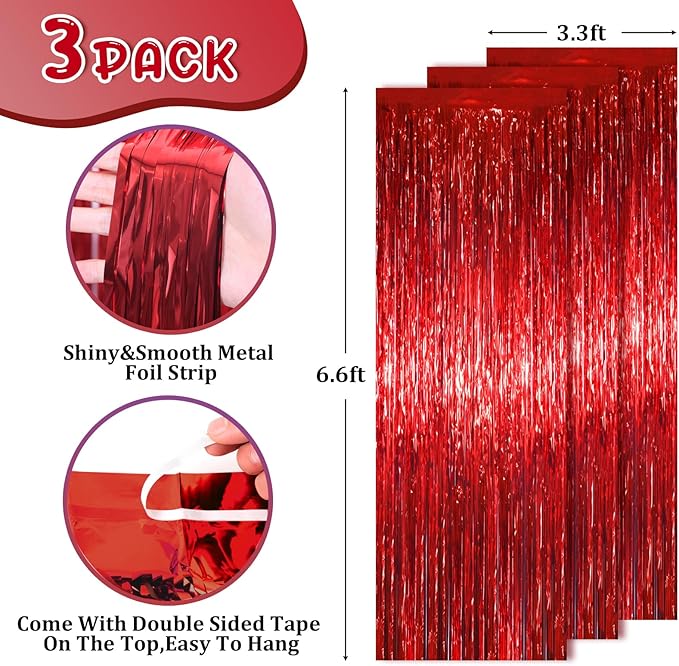 3 Pack 3.3 x 6.6 ft Red Foil Fringe Backdrop Curtains, Tinsel Streamers Party - Image 3