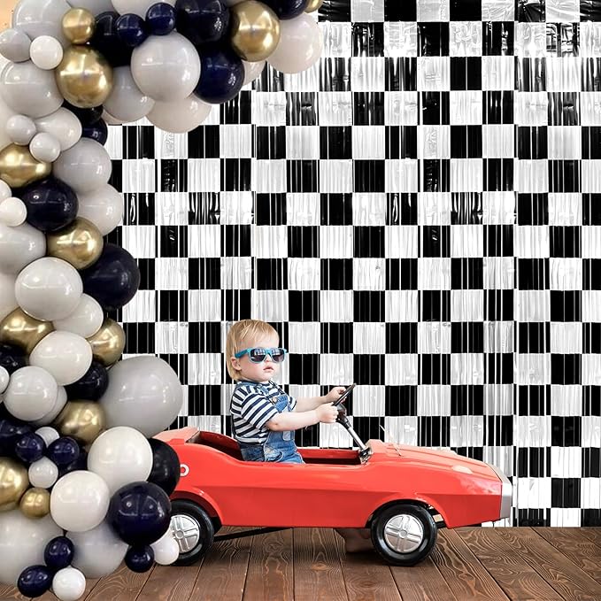 3 Pack 3.3Ft x 6.6Ft Race Car Checkered Foil Fringe Curtain Backdrop Decorations - Image 7