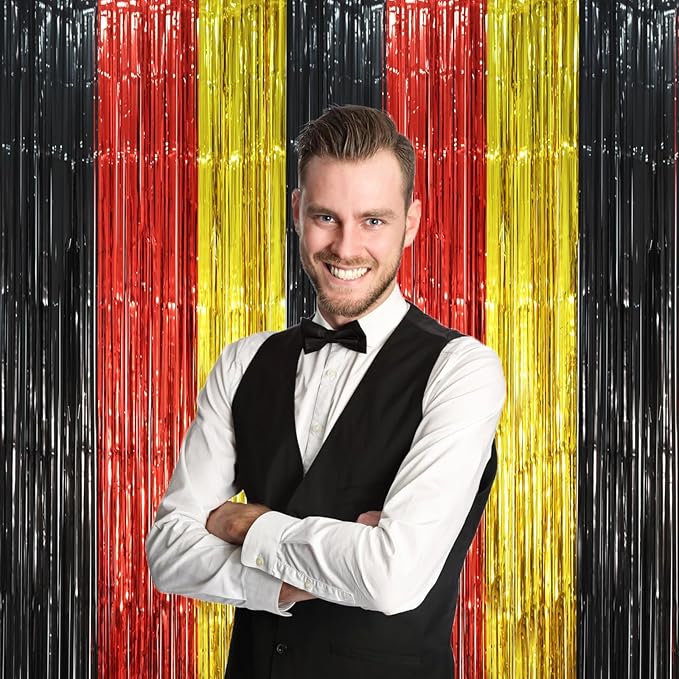 3 Pack 3.3 x 8.2 ft Red Black Gold Foil Fringe Backdrop Curtains, Tinsel - Image 7
