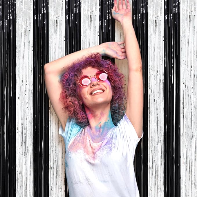 3 Pack 3.3 x 8.2 ft Black and Silver Foil Fringe Backdrop Curtains, Tinsel - Image 5