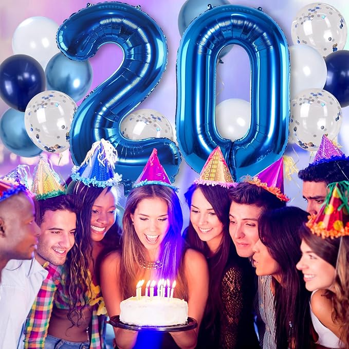 Dark Blue 20" Number 20 Balloon, Metallic Light Navy Blue Silver Confetti - Image 4