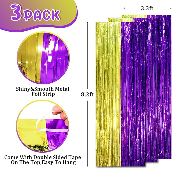 3 Pack 3.3 x 8.2 ft Purple and Gold Foil Fringe Backdrop Curtains, Tinsel - Image 2