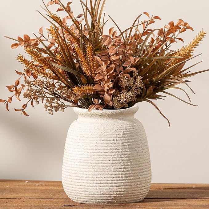 Ceramic Flower Vase, 7.48 Inch White Rustic Farmhouse Decorative Vase Pottery by ooit
