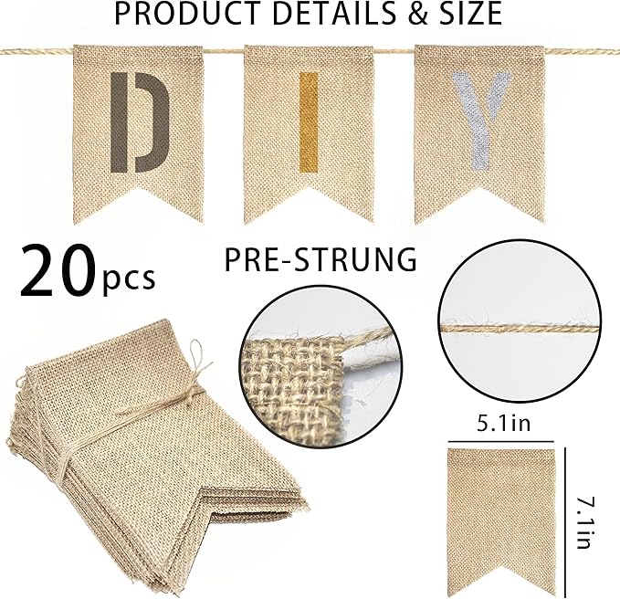 20 PCS Burlap Banner with 27 PCS Letters Stencil DIY Customizable Birthday - Image 2