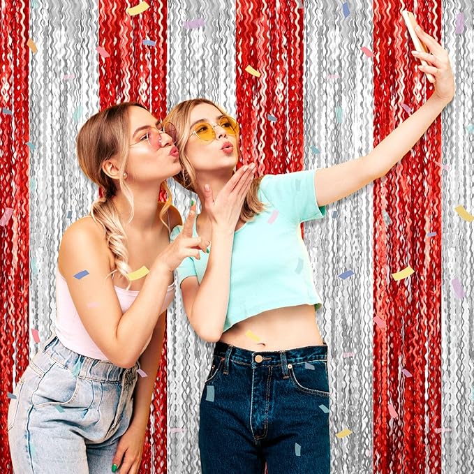4 Pack Red Silver Wave Foil Fringe Curtain Backdrop, 3.28Ft x 8.2Ft Metallic - Image 5