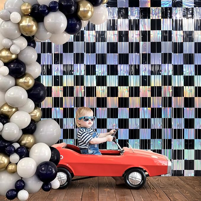 2 Pack 3.3Ft x 6.6Ft Race Car Checkered Foil Fringe Curtain Backdrop Decorations - Image 7