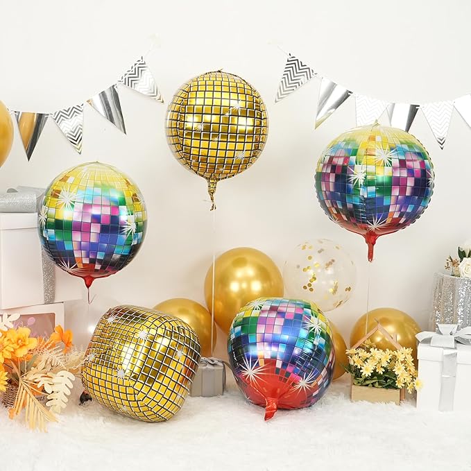 Disco Ball Balloons 4PC, Foil Disco Balloons 22 Inch 4D Round Multicolor Balloon - Image 2