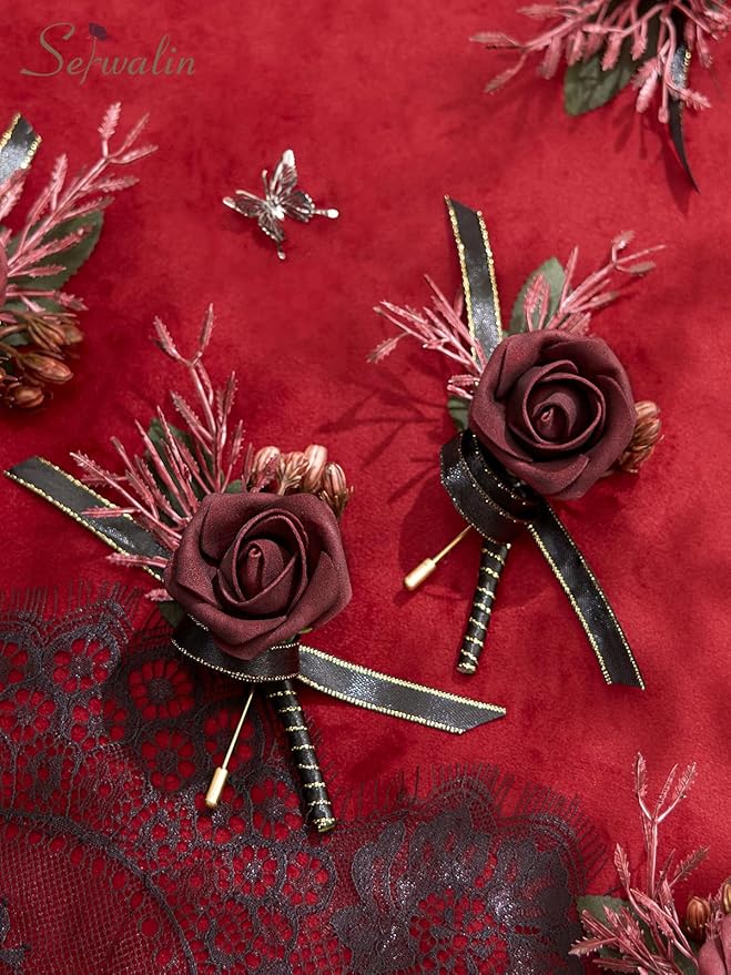 Serwalin 10Pcs Boutonniere for Men, Burgundy Groom and Best Man Boutonniere - Image 3