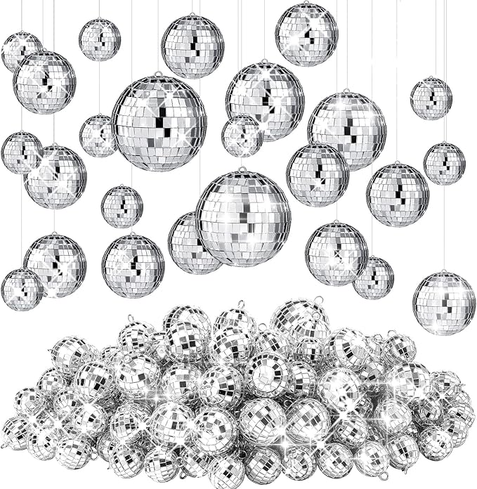 Funtery 100 Pcs Mirror Disco Balls Bulk Assorted Silver Hanging Disco Ball Decor by Funtery