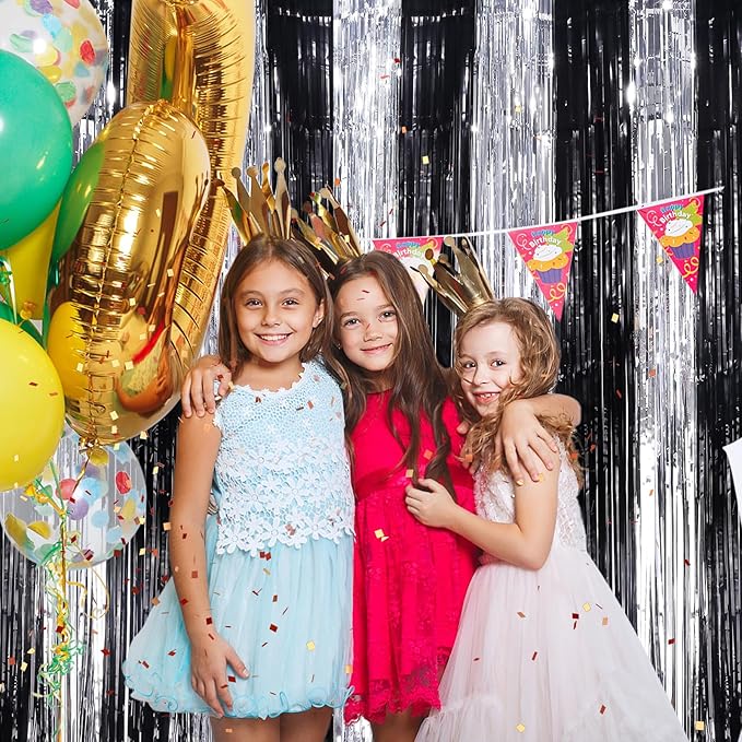 Black Silver Metallic Tinsel Foil Fringe Curtains, 4 Pack 3.3x8.3 Feet Party - Image 5