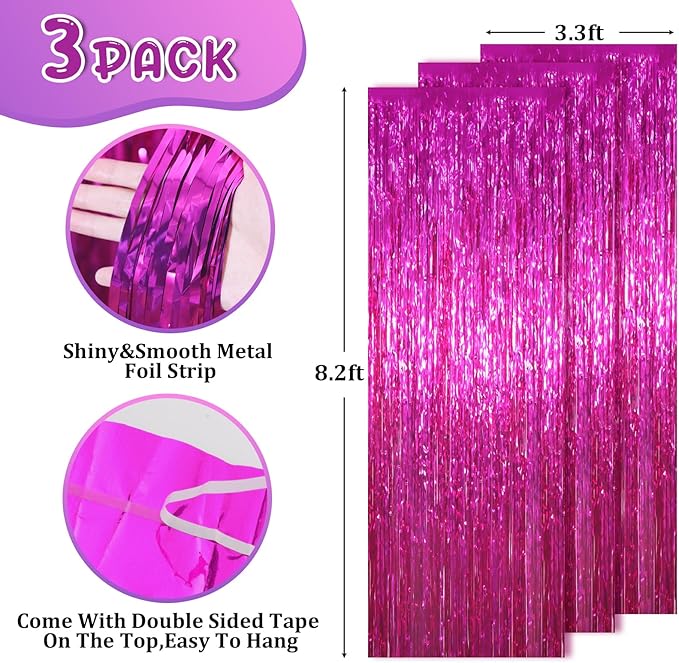 3 Pack 3.3x8.2 Feet Pink Foil Fringe Backdrop Curtains, Tinsel Streamers - Image 3