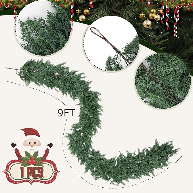 Hananona 9 FT Artificial Cedar Garlands, Real Touch Winter Cedar Pine Garland - Image 2
