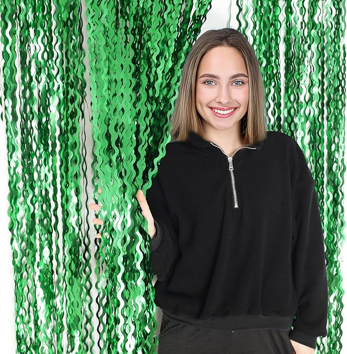 4Pcs Wavy Green Fringe Backdrop -3.3x6.6ft Green Streamer Foil Curtains - Image 5