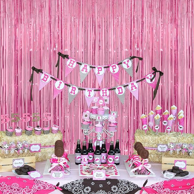 Pink Streamers - Thicken 4 Pack 3.2 x 8.2 FT - Pink Tinsel Foil Fringe Curtains - Image 8