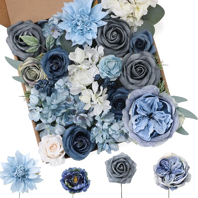 Floweroyal Artificial Flowers Combo Dusty Blue Flowers Mix Silk Flowers Dahlia by FloweroyalCrafts