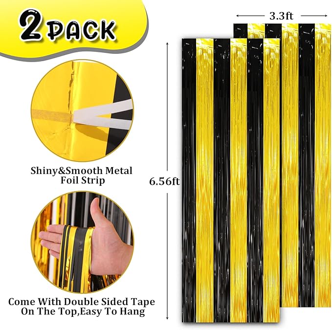 2 Pack Black and Gold Tinsel Foil Fringe Curtains, Metallic Tinsel Party - Image 3