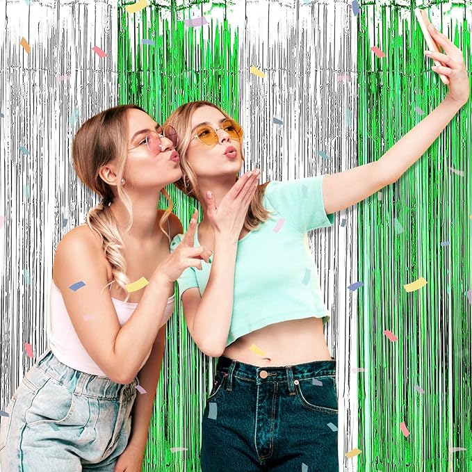 3 Pack Silver Green Foil Fringe Curtain Backdrop, 3.28Ft x 8.2Ft Metallic - Image 7