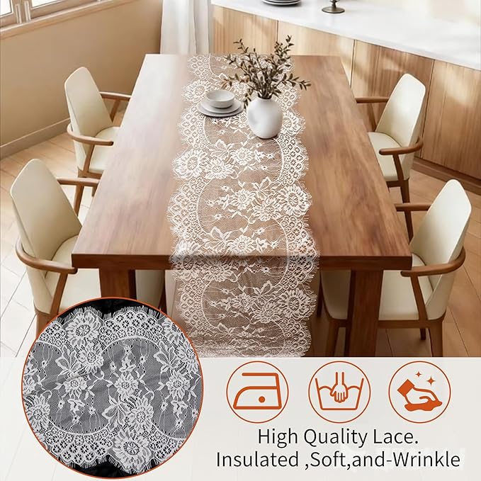 HAIBAS 6 Pcs White Lace Table Runners 14 x 120 Inch Boho Rose Embroidered - Image 4