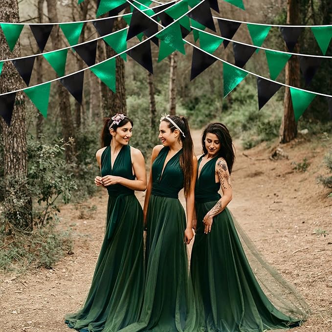 Black Green Party Decorations Metallic Fabric Triangle Pennant Banner Flag - Image 6