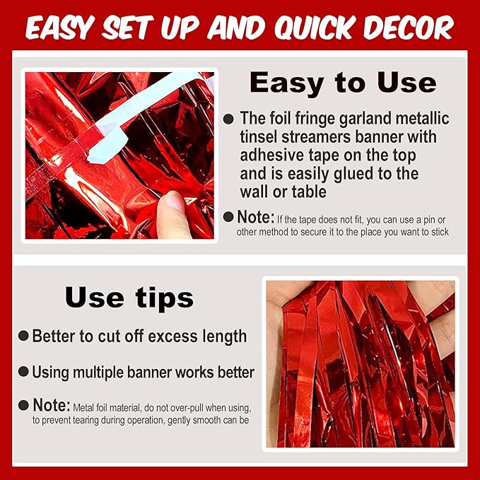 6 Pack 10 Ft Red Foil Fringe Garland Metallic Streamers Tinsel Banner Wall - Image 3