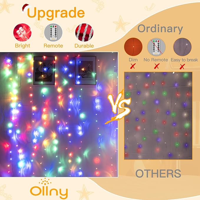Ollny Curtain Lights 200LED 6.6x6.6ft, USB Multicolor Christmas Curtain Lights - Image 3