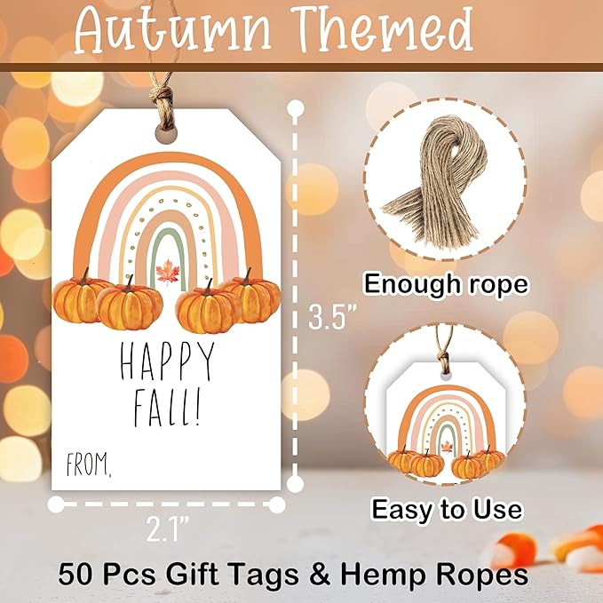 50 Pcs Fall Gift Tags, 2.1"×3.5" Autumn Bohemian Rainbow Thank You Gift Tags - Image 2