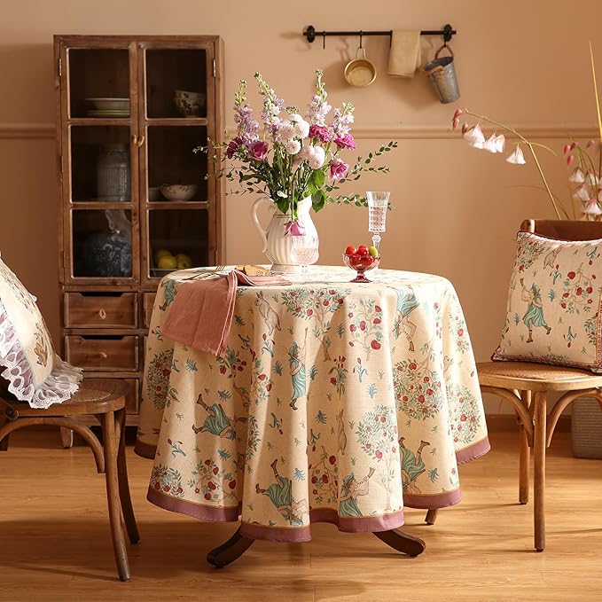 patdrea Designer Linen Beige Round Tablecloth, Vintage Italian Trees Pattern - Image 2
