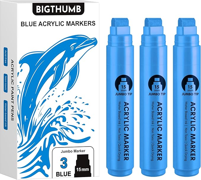 3 Pcs Blue Jumbo Permanent Markers: 15mm Wide Tip Thick Acrylic Paint Pen Large by BIGTHUMB