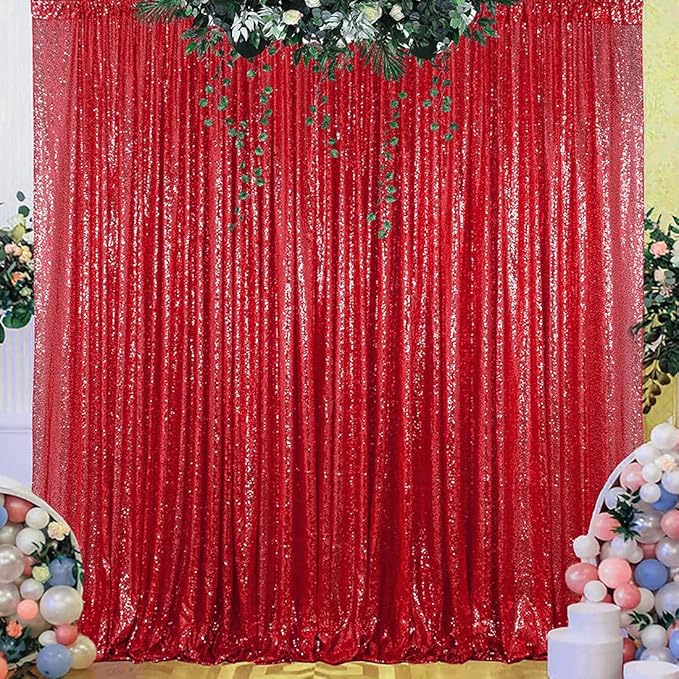 Red Sequin Backdrop Curtain 2FTX8FT 2 Panels Sparkly Backdrop Drapes Polyester - Image 6