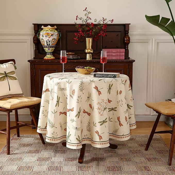 ISAENNE Designer Floral Linen Small Round Tablecloth, French Off White Elegant - Image 2