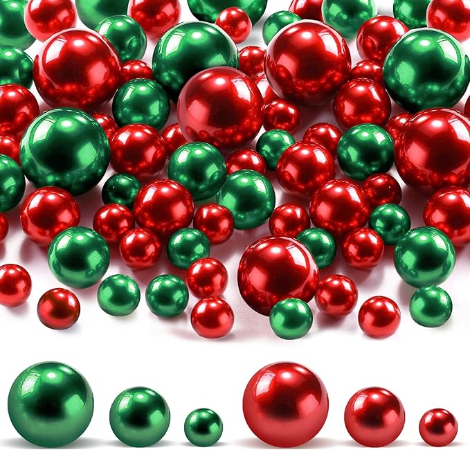 180PCS Red & Green Beads for Centerpieces Vases, No Hole Polished Pearl Makeup by Cusmation