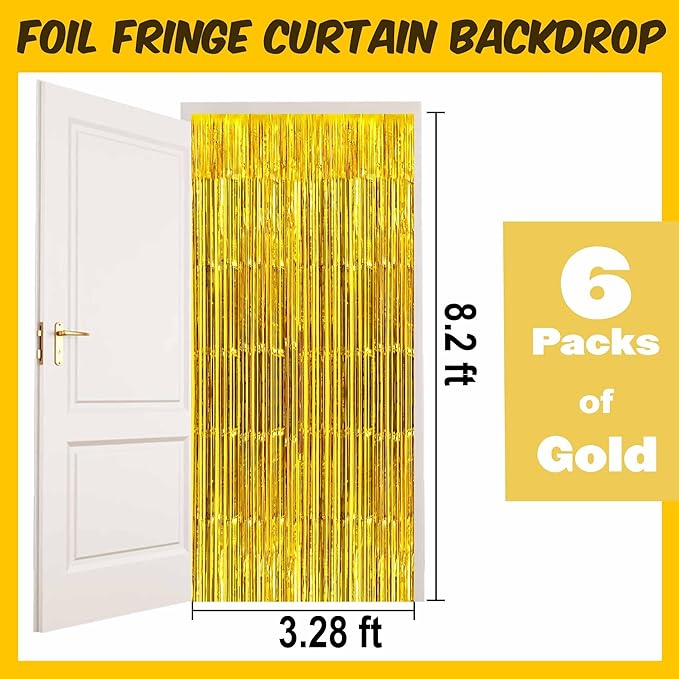 6 Pack Gold Foil Fringe Curtains Backdrop, 3.28 x 8.2 Ft Metallic Streamers - Image 2