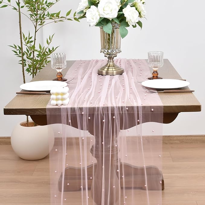 Joanlody Fall Pearl Table Runner 10ft Rustic Boho Tulle Table Runner - Image 2