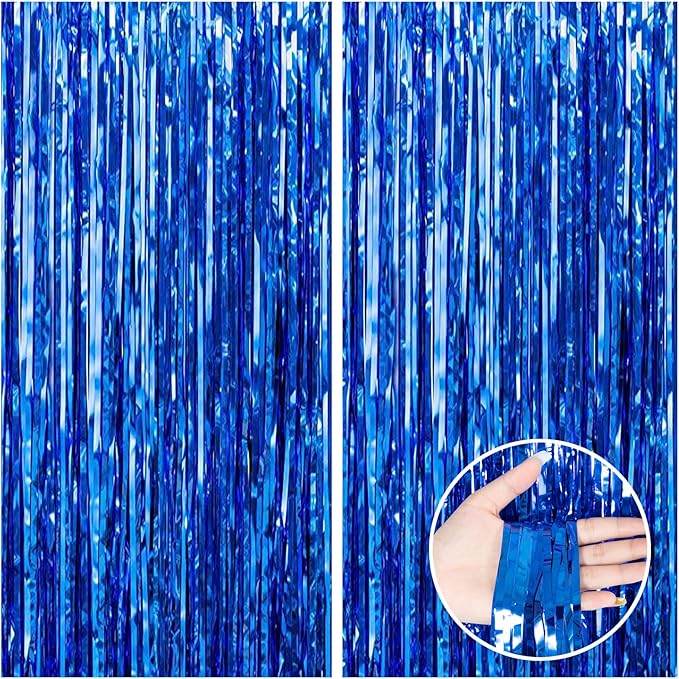 CANREVEL 2 Pack 3.3x8.2 Feet Dark Blue Foil Fringe Backdrop Curtains, Tinsel by CANREVEL