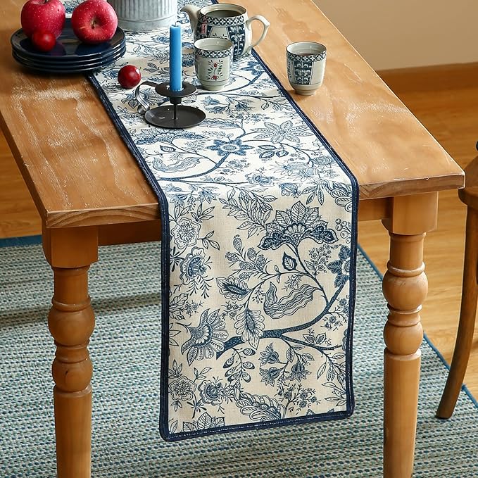 ISAENNE Designer Chinoiserie Elegant Linen Extra Long Table Runner 118 Inches - Image 2